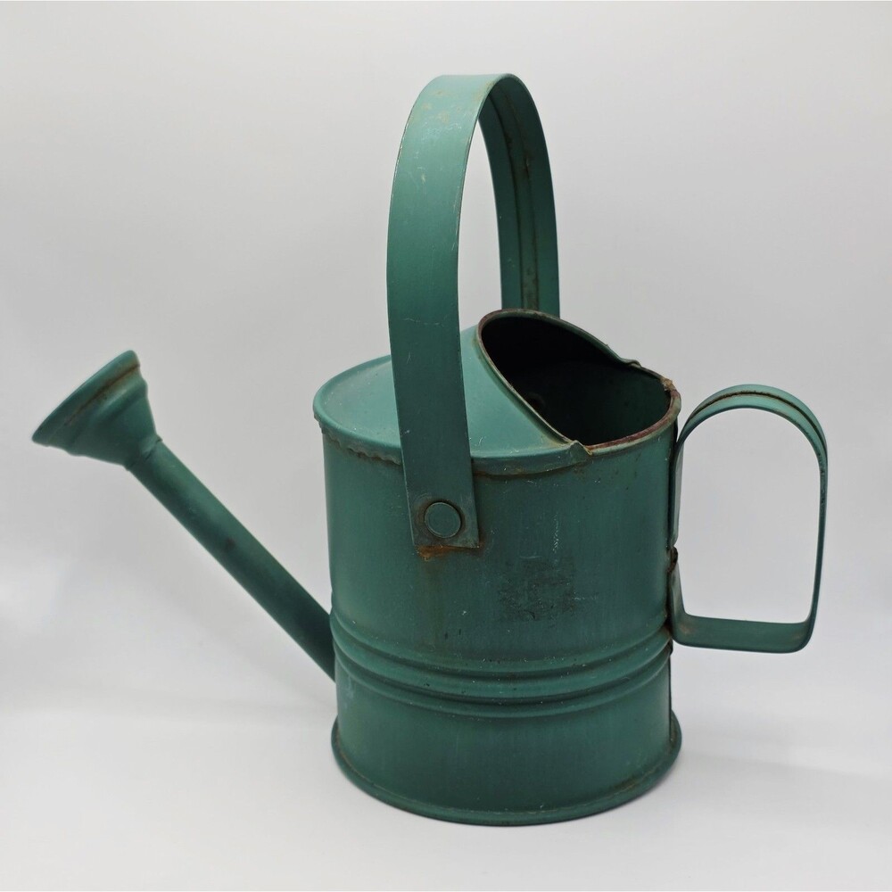 Vintage Galvanized Metal Watering Can Rustic Green Patina Farmhouse Garden Decor